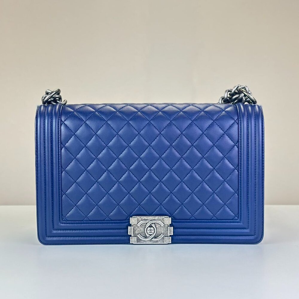 Chanel Blue Leather Medium Large Boy Bag Shoulder Bag Crossbody
